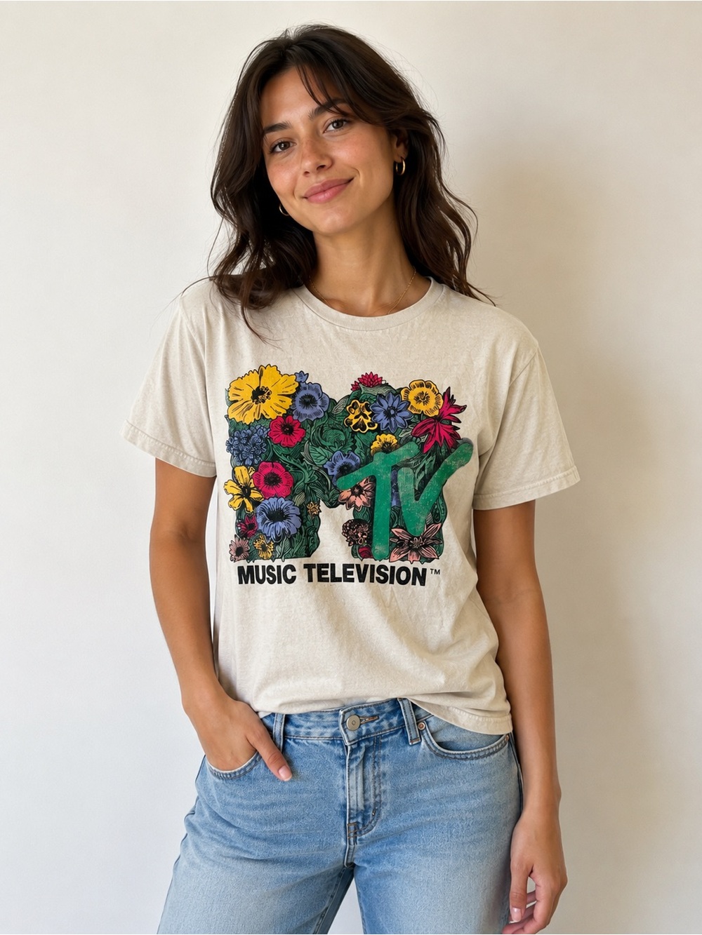 MTV Music Television Boho Floral Graphic Short Sleeve Tee Size Medium Beige